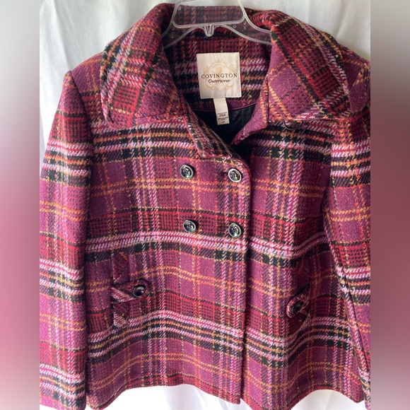Covington Purple Plaid Peacoat Wool Blend Jacket Size Large EUC - Picture 3 of 9